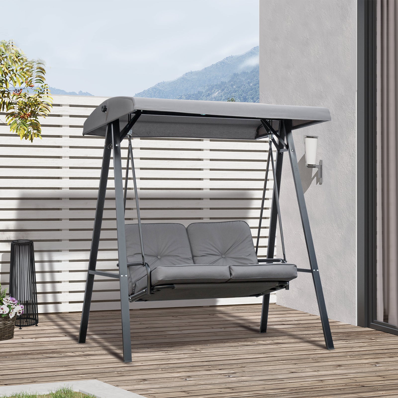 2 Seater Garden Swing Chair with Adjustable Tilting Canopy, Outdoor Hammock Bench with Steel Frame for Patio, Grey
