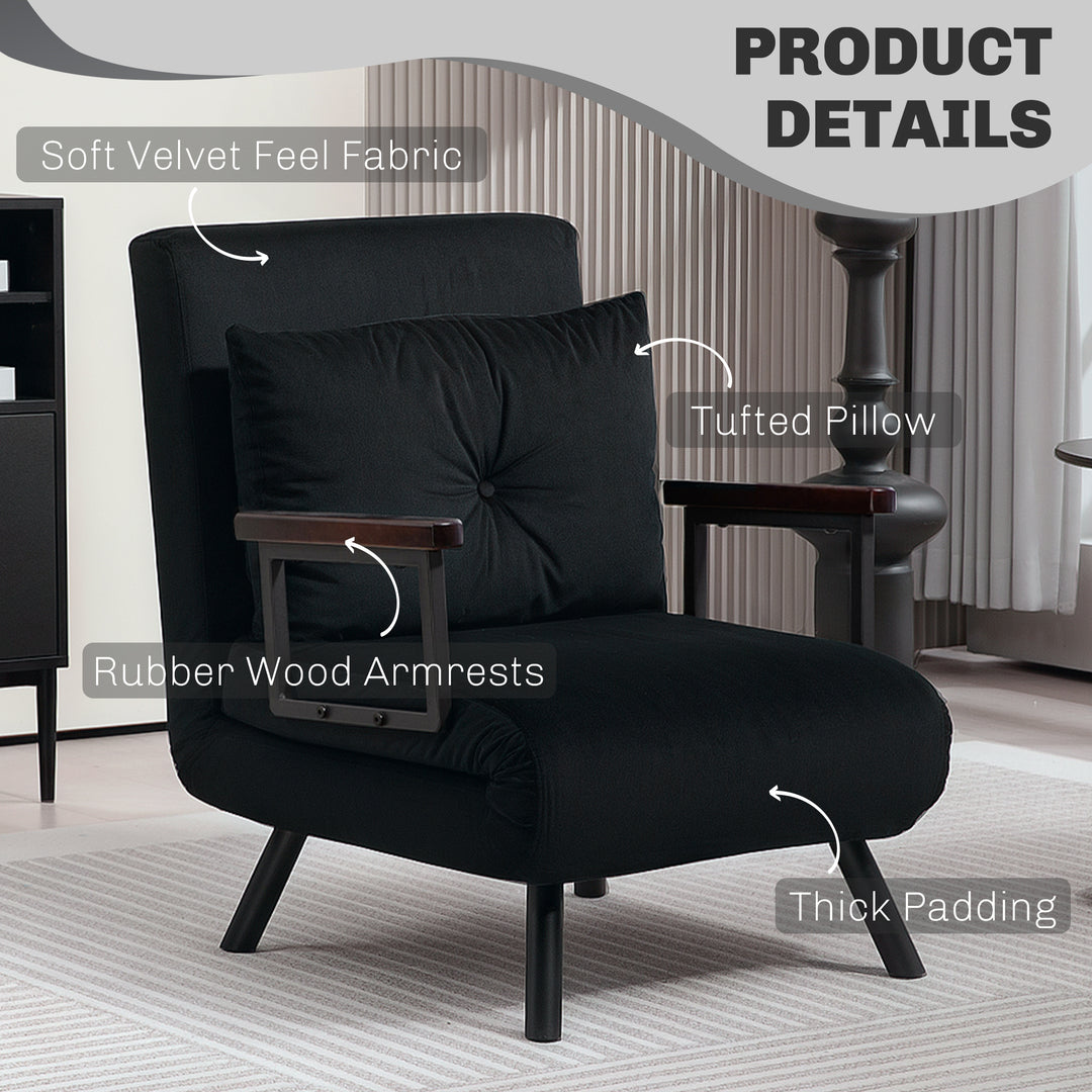4-in-1 Velvet-Feel Single Chair Bed, with Pillow - Black