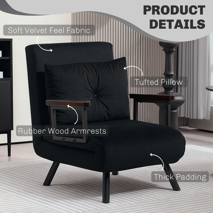 4-in-1 Velvet-Feel Single Chair Bed, with Pillow - Black