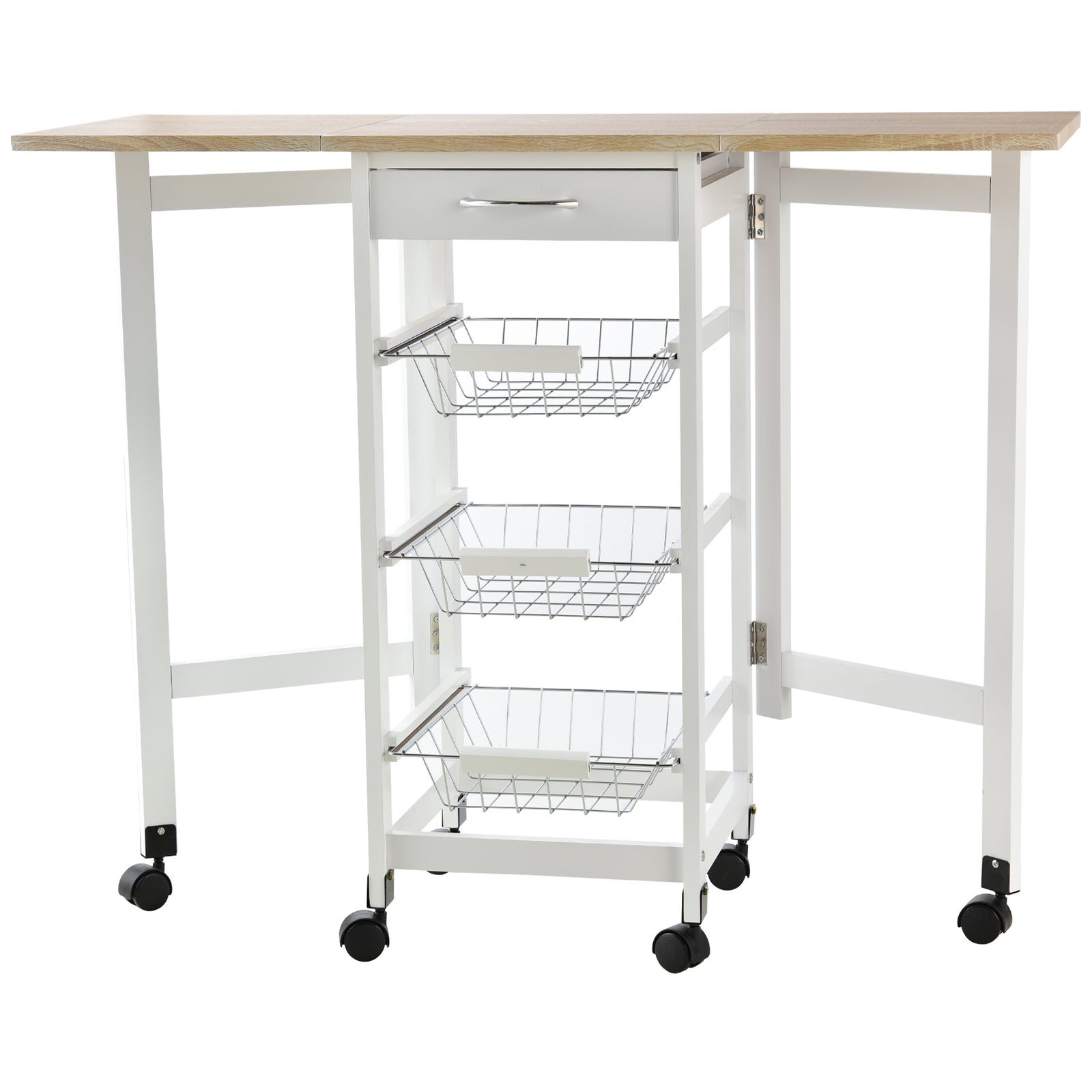 Drop-Leaf Kitchen Cart Trolley w/ 3 Baskets Drawer Surface Top 6 Universal Wheels Rolling Storage Unit Kitchen Home Dining Island White Oak Tone