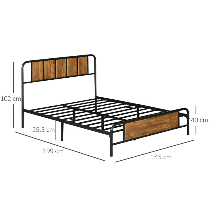 4.8ft Double Bed Frame with Industrial Wood Headboard, Steel Slat Support and 25.5cm Underbed Storage Space, 145 x 199cm, Rustic Brown
