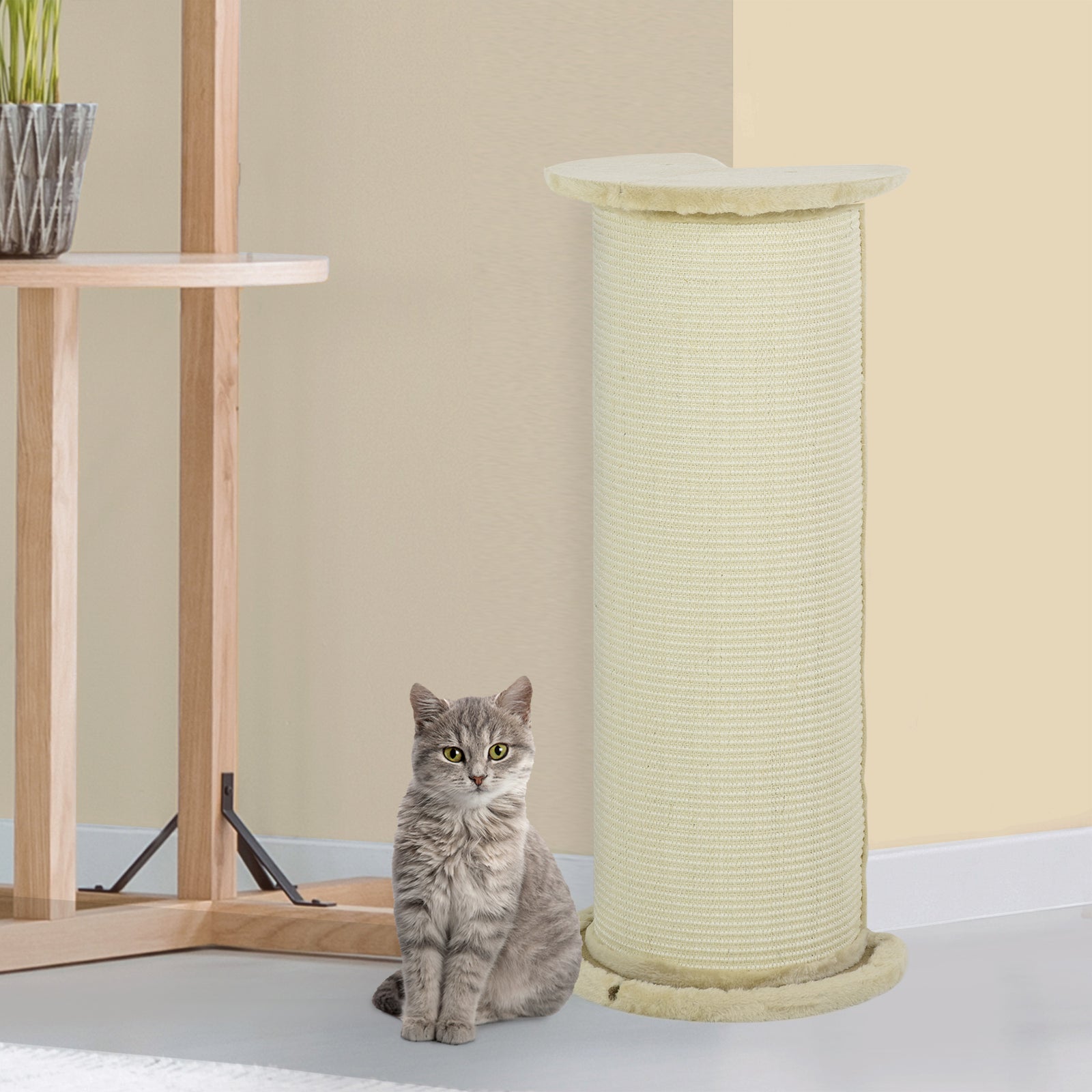 85cm Tall Cat Scratching Post, with Sisal Rope, Soft Plush, Anti Tip - Beige