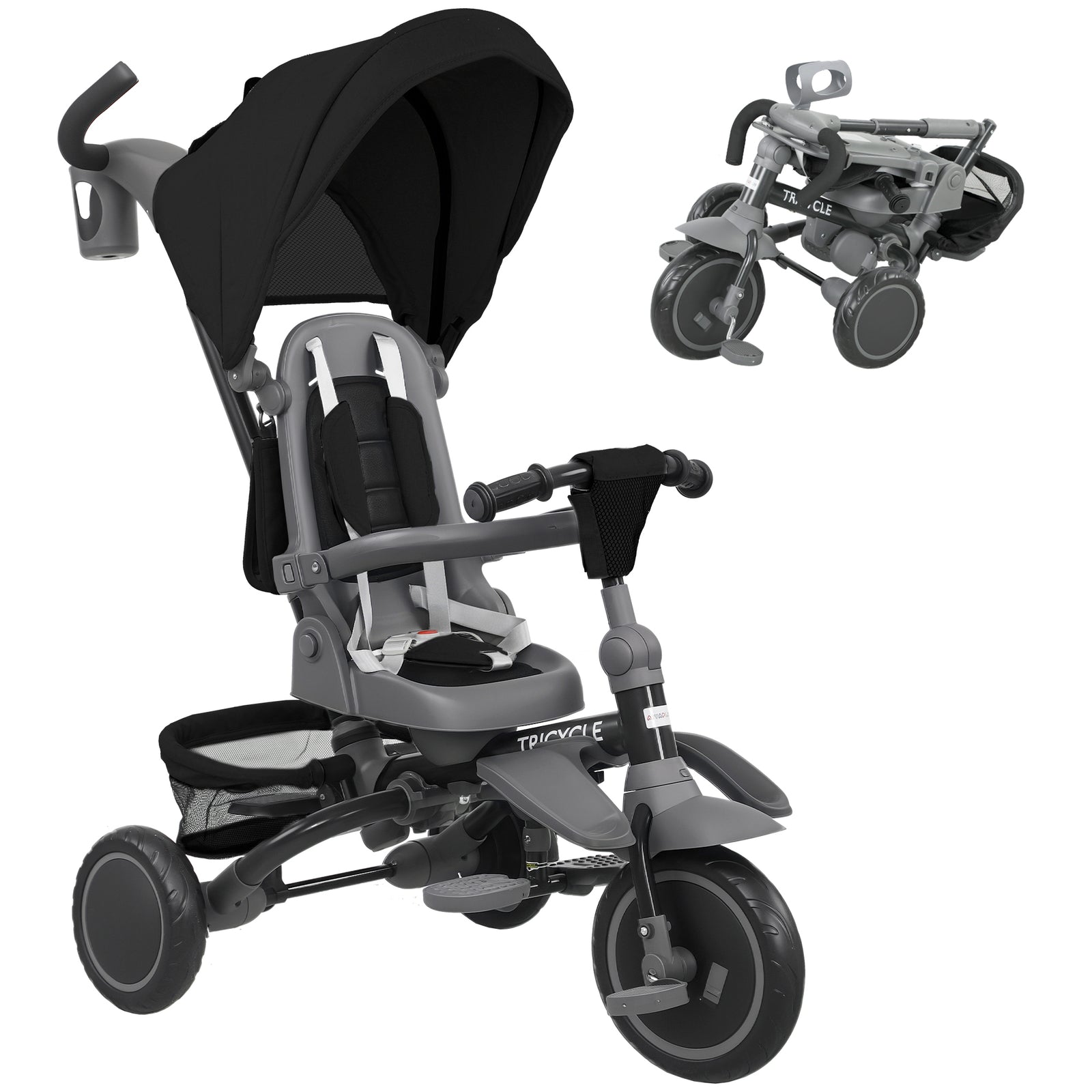 AIYAPLAY 6 in 1 Foldable Kids Trike with Adjustable Parent Handle & Canopy for Ages 1-5, Black