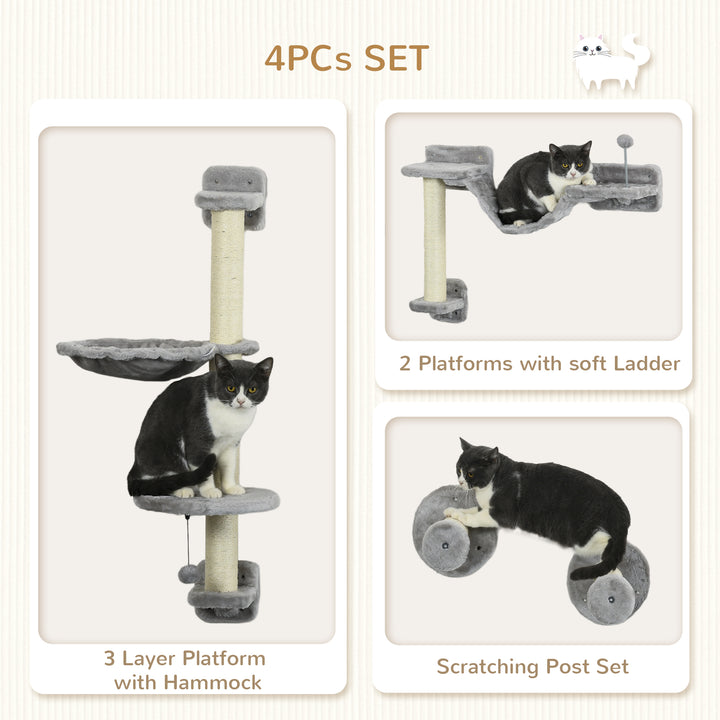 PawHut Cat Shelves Fit Cat Up to 5kg, 4-Piece Set with Hammock, Perches, Ladder, Scratching Post, Safe for Cats to Play, Grey | Aosom UK