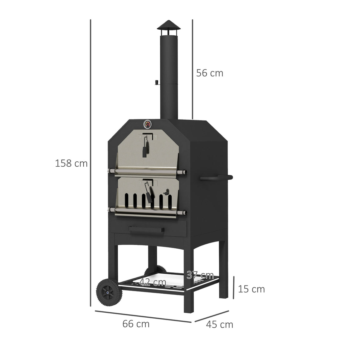 Steel 3-Tier Outdoor Pizza Oven Charcoal BBQ Grill, Black