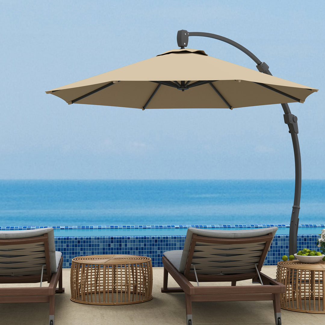 3(m) Garden Cantilever Parasol, Round Overhanging Umbrella with Crank Handle, Cross Base, Aluminium Frame and 360° Rotation, Banana Patio Umbrella for Outdoor Sun Shade, Khaki