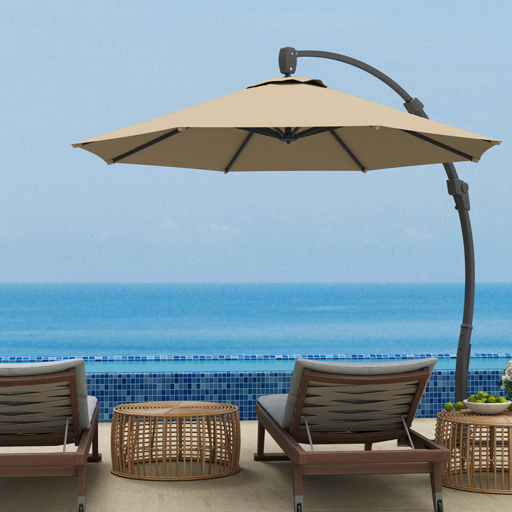 3(m) Garden Cantilever Parasol, Round Overhanging Umbrella with Crank Handle, Cross Base, Aluminium Frame and 360° Rotation, Banana Patio Umbrella for Outdoor Sun Shade, Khaki