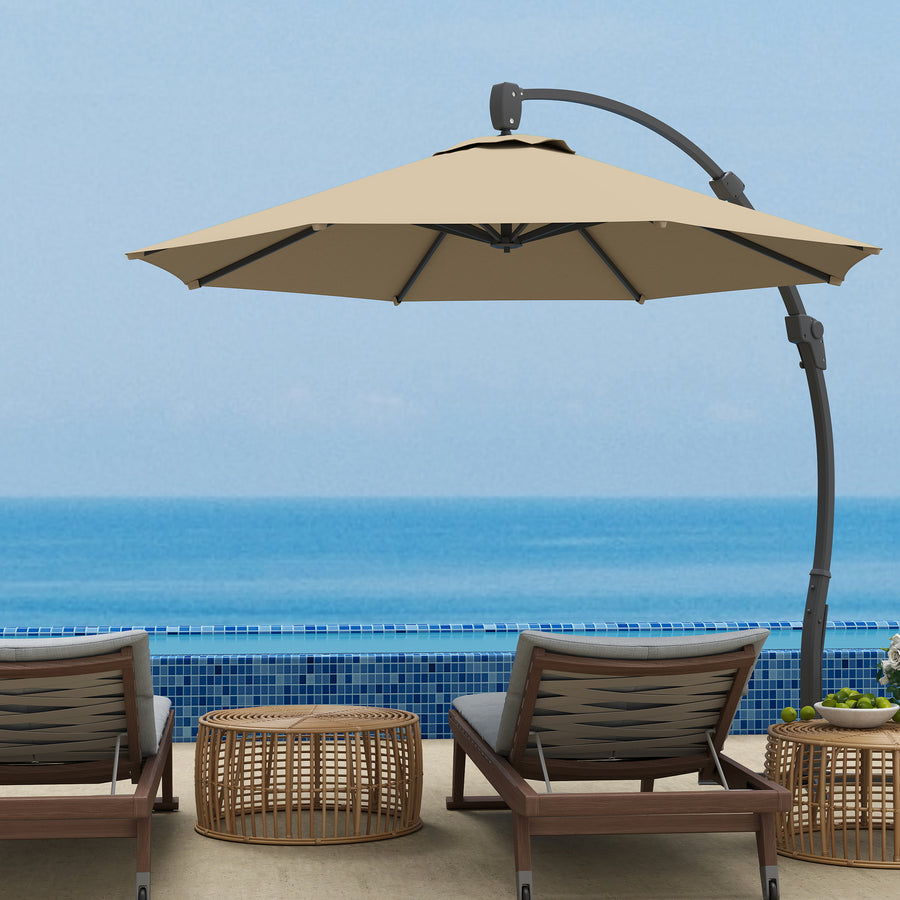 3(m) Garden Cantilever Parasol, Round Overhanging Umbrella with Crank Handle, Cross Base, Aluminium Frame and 360° Rotation, Banana Patio Umbrella for Outdoor Sun Shade, Khaki