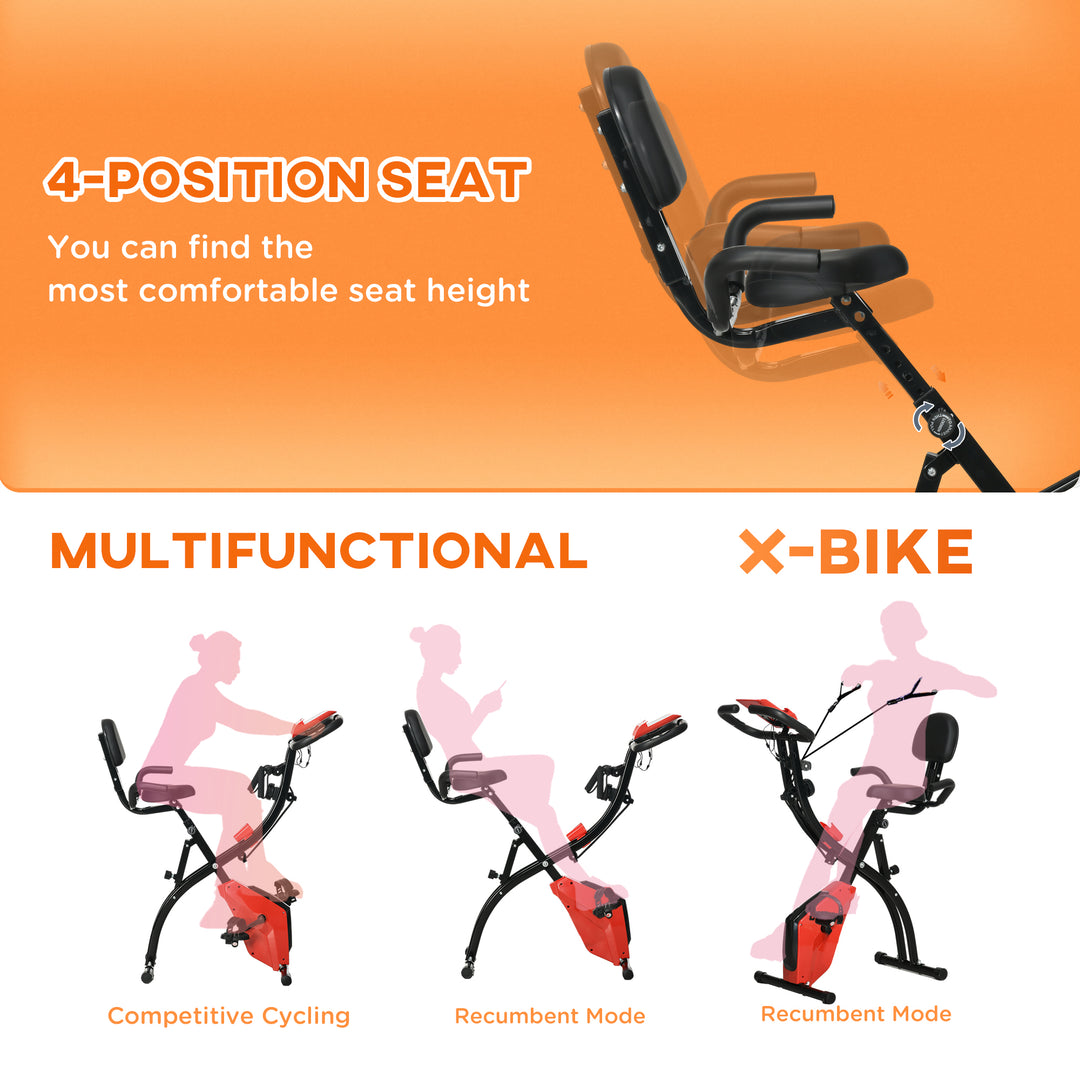 2-in-1 Folding Exercise Bike with 8-Level Magnetic Resistance, Arm Resistance Band, Pulse Sensor, Red