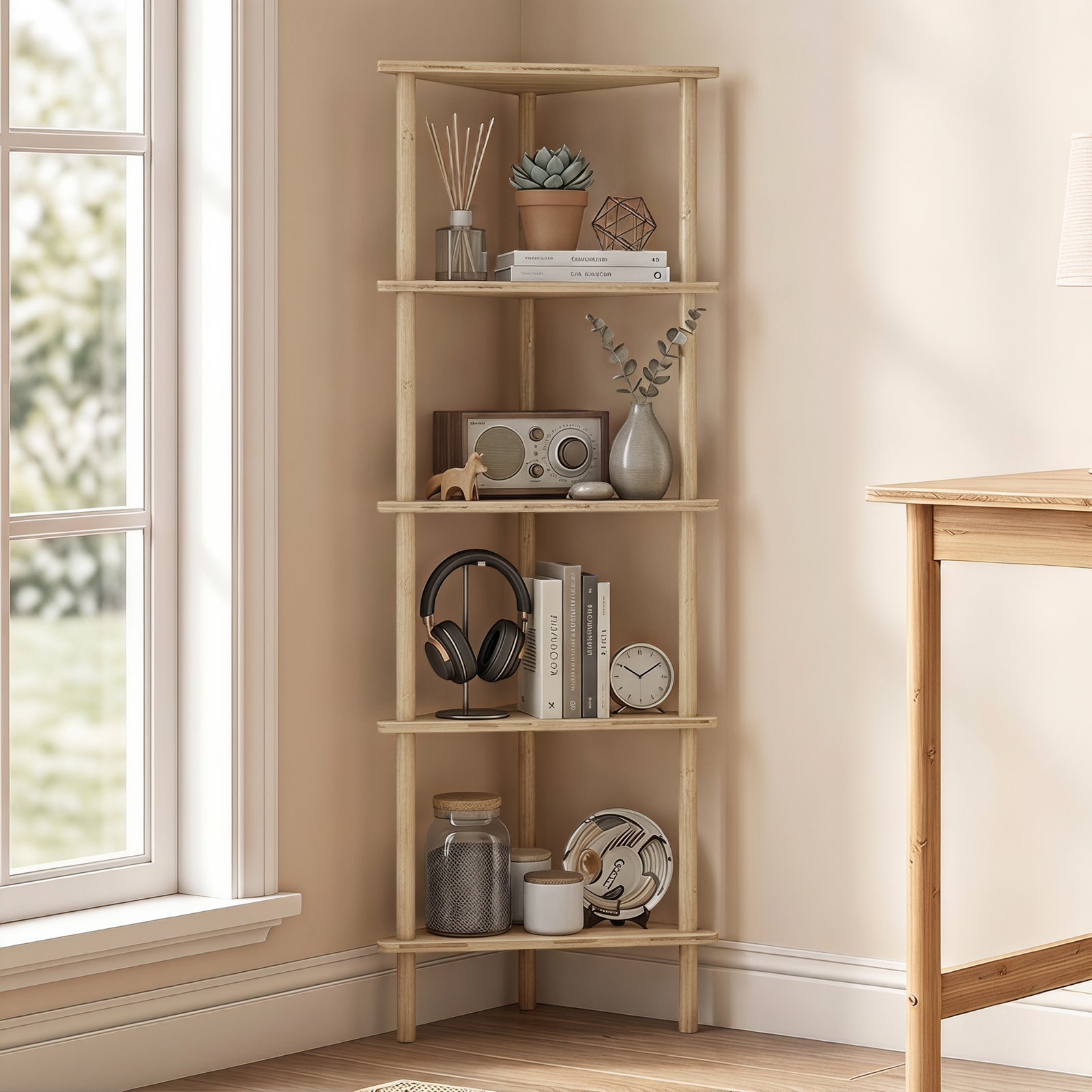 Bamboo Storage Shelf, 5-tier Corner Shelf, Freestanding Shelving Unit 