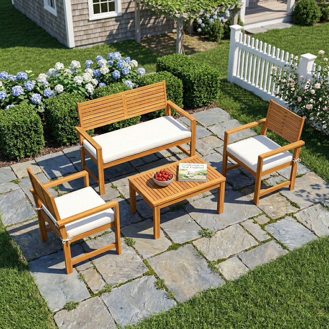 4 Seater Wooden Garden Furniture Set with Loveseat, Armchairs, Table, 
