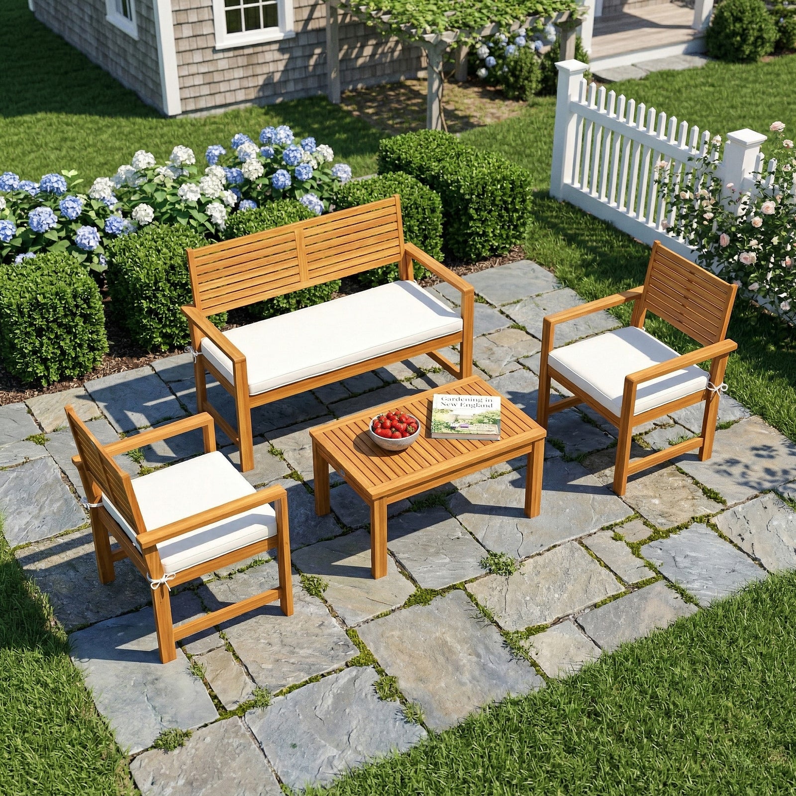 4 Seater Wooden Garden Furniture Set with Loveseat, Armchairs, Table, 