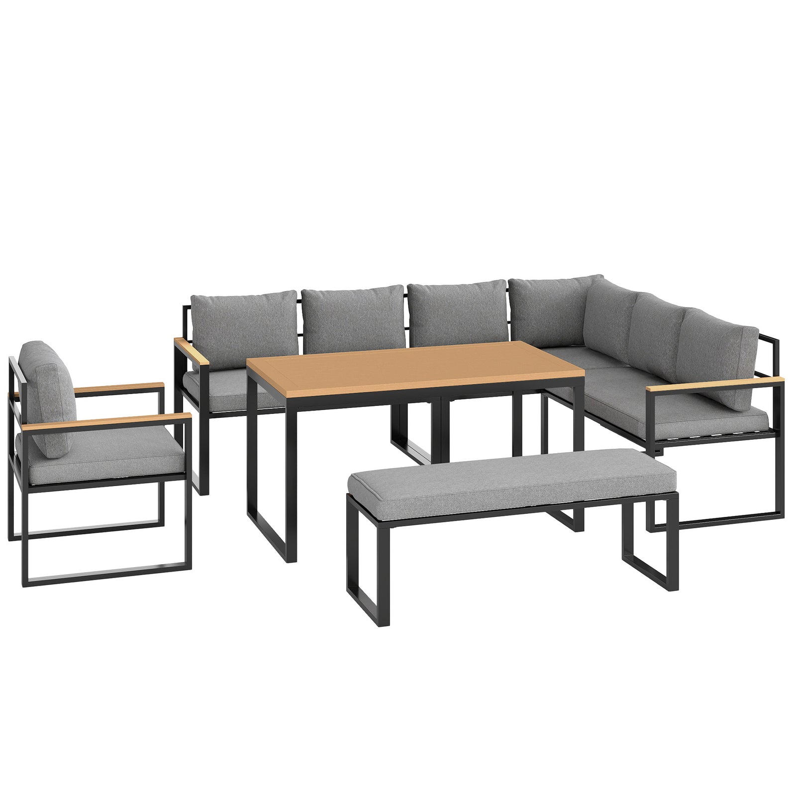 Six Piece L Shaped Garden Furniture Set with 3 Loveseats - Natural Wood Finish