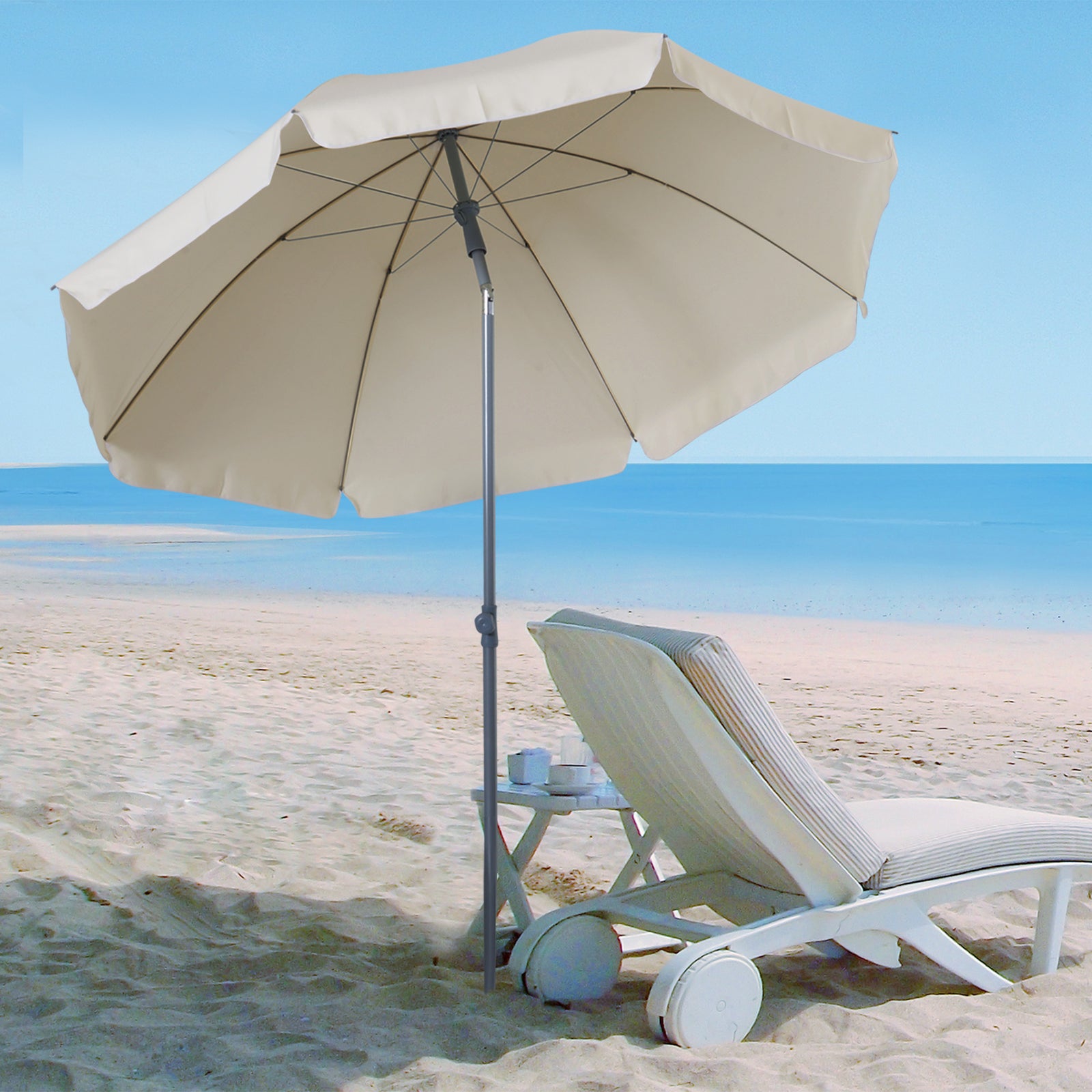 2.2m Beach Umbrella, Portable Parasol with Tilting Function, Outdoor Sunshade Shelter with 8 Ribs for Garden, Pool and Patio, Cream White