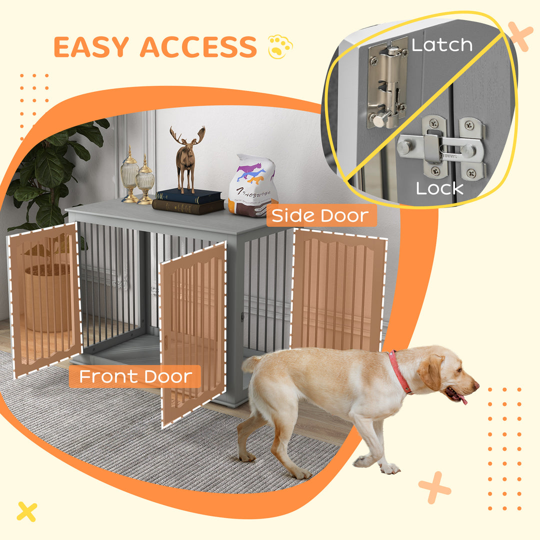 Dog Crate, End Table, with Three Doors, Locks, Latches for Large Dogs, Indoor Use - Grey