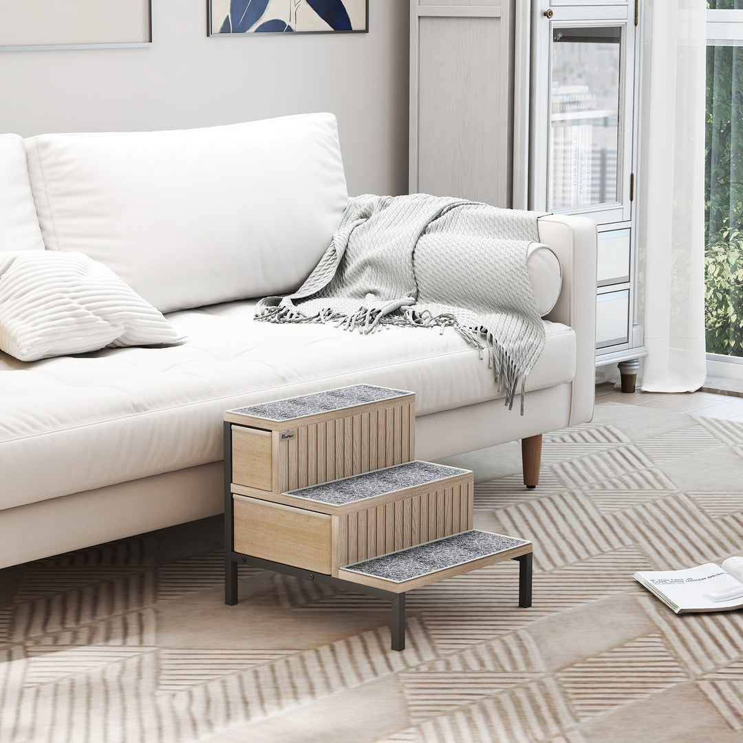 MCL Dog Stairs with Storage, Non-Slip Cover, Pet Steps for Small Dogs & Older Cats, for Sofa, High Bed, Oak Tone