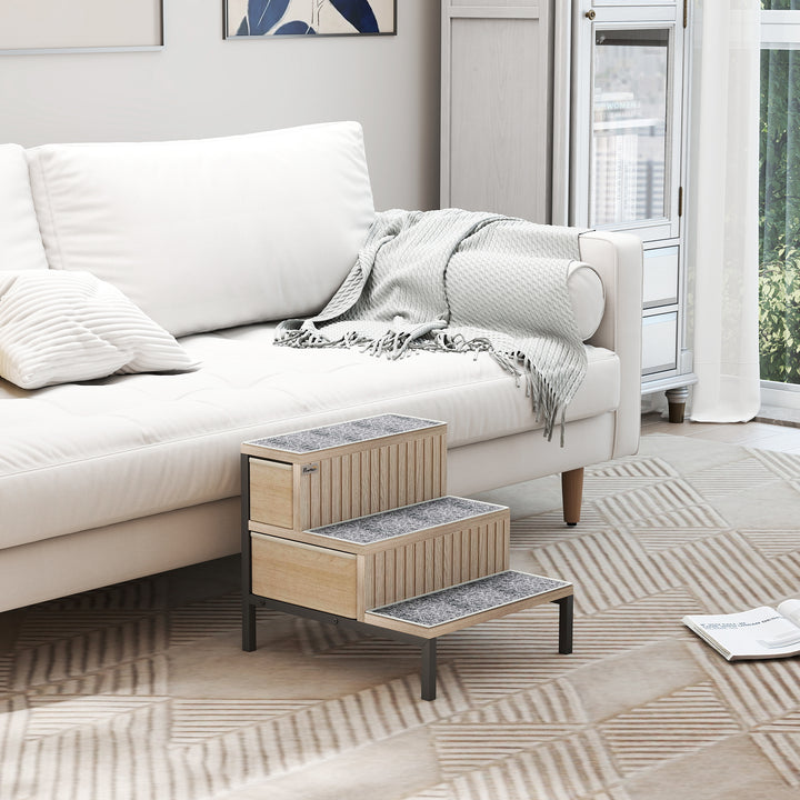 MCL Dog Stairs with Storage, Non-Slip Cover, Pet Steps for Small Dogs & Older Cats, for Sofa, High Bed, Oak Tone