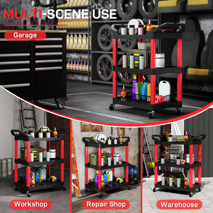 3-Tier Rolling Tool Cart, Tool Trolley on Wheels, Plastic Mobile Service Utility Cart with Handles for Garage, Mechanics and Warehouse, 91kg Capacity, Black and Red