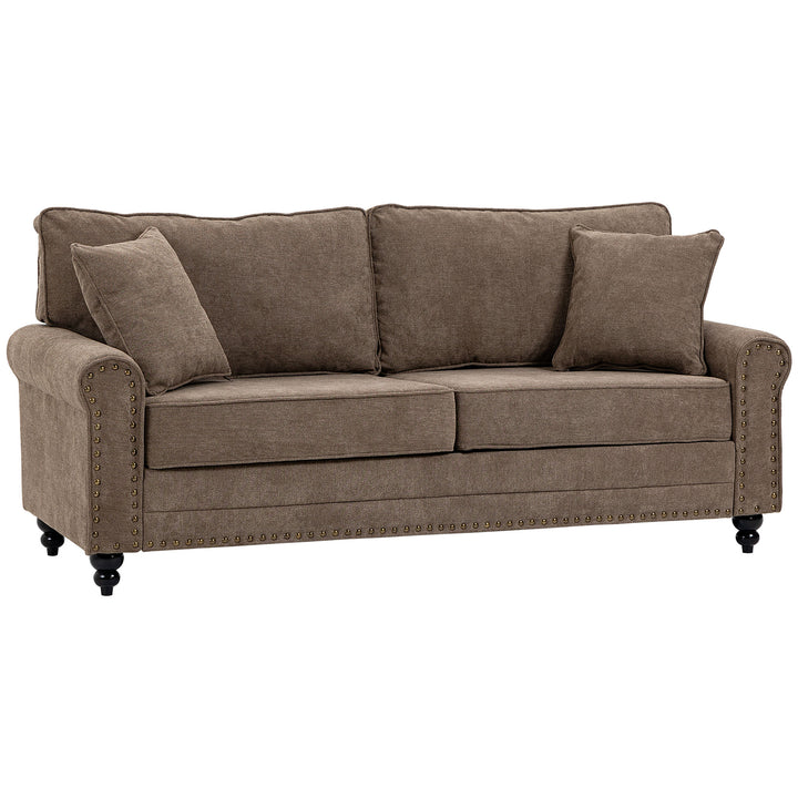 3 Seater Sofa, Fabric Couch with Rubber Wood Legs, 3 Seater Settee with Extra Padded Cushions and Pillows for Living Room, 196W x 80.5D x 89H cm, Brown