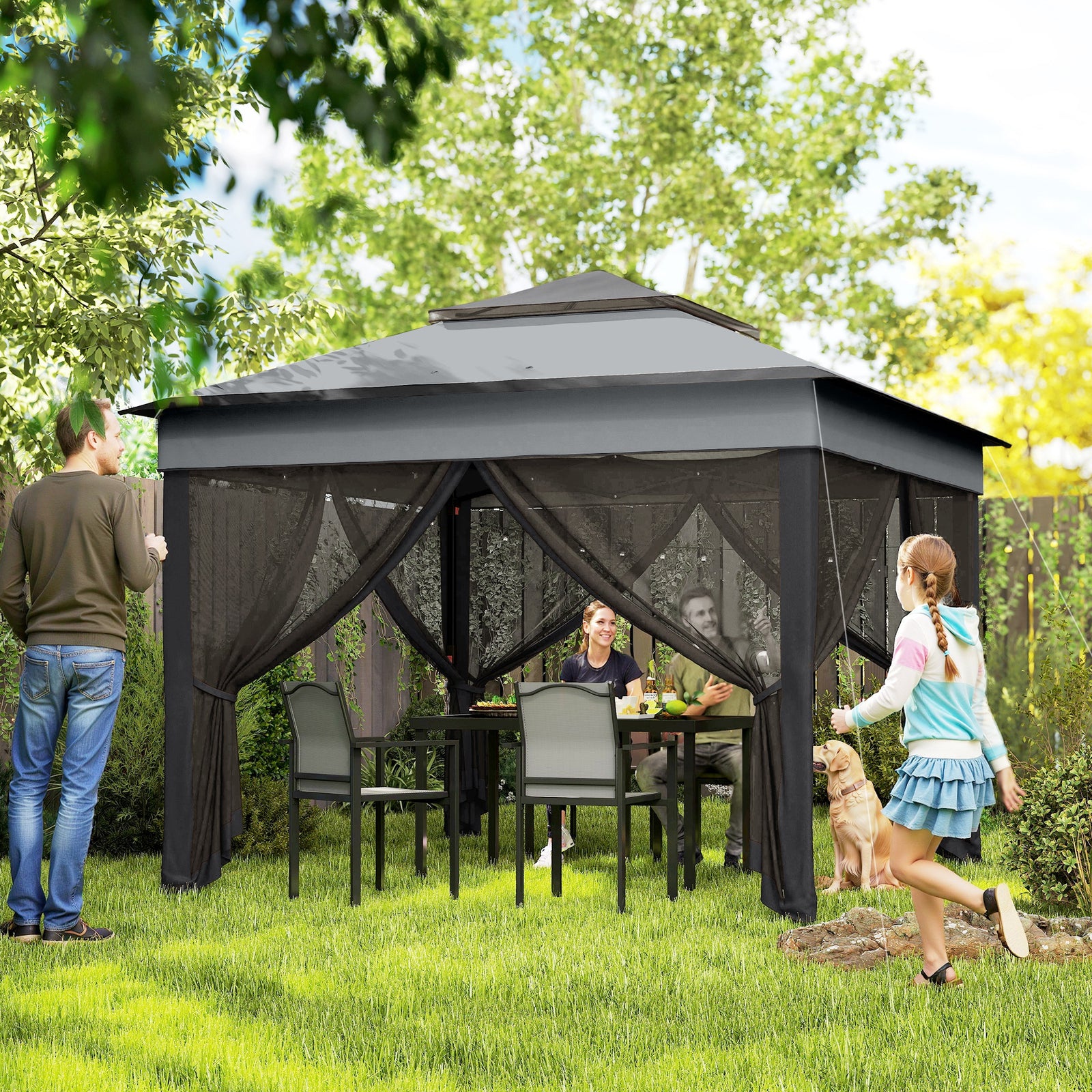 3 x 3(m) Pop Up Gazebo, Height Adjustable Instant Event Shelter with Netting and Carrying Bag, Grey