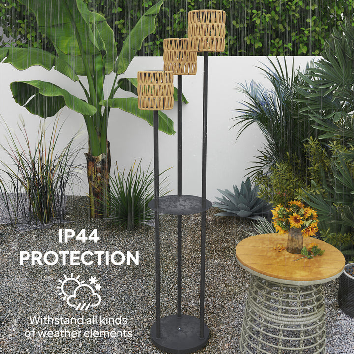 Boho Rattan Floor Lamp, 3-Lights Rattan Lamp with Shelf, Freestanding Solar Garden Light with Auto On/Off Lights, IP44 Waterproof for Porch, Pathway, Deck, Yellow