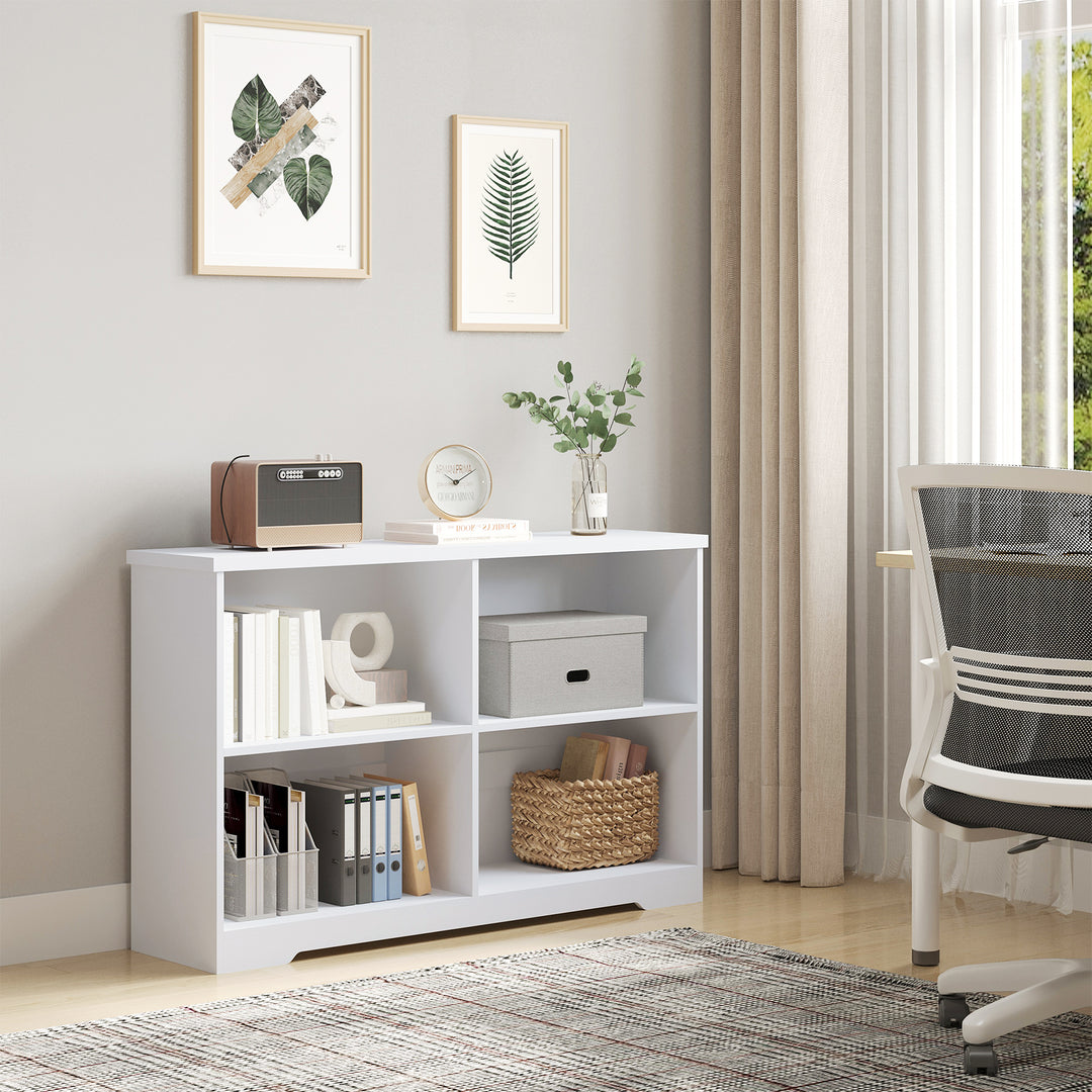 Wooden Cube Bookcase, 2 Tier Open Storage Shelving Unit with 4 Compartments, Freestanding Display Bookshelf for Home Office Living Room Furniture, 118 x 29 x 76cm, White