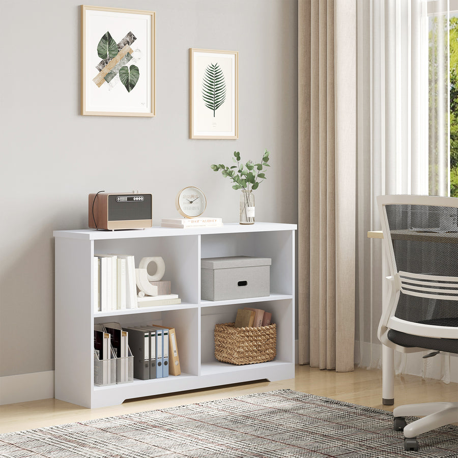 Wooden Cube Bookcase, 2 Tier Open Storage Shelving Unit with 4 Compartments, Freestanding Display Bookshelf for Home Office Living Room Furniture, 118 x 29 x 76cm, White