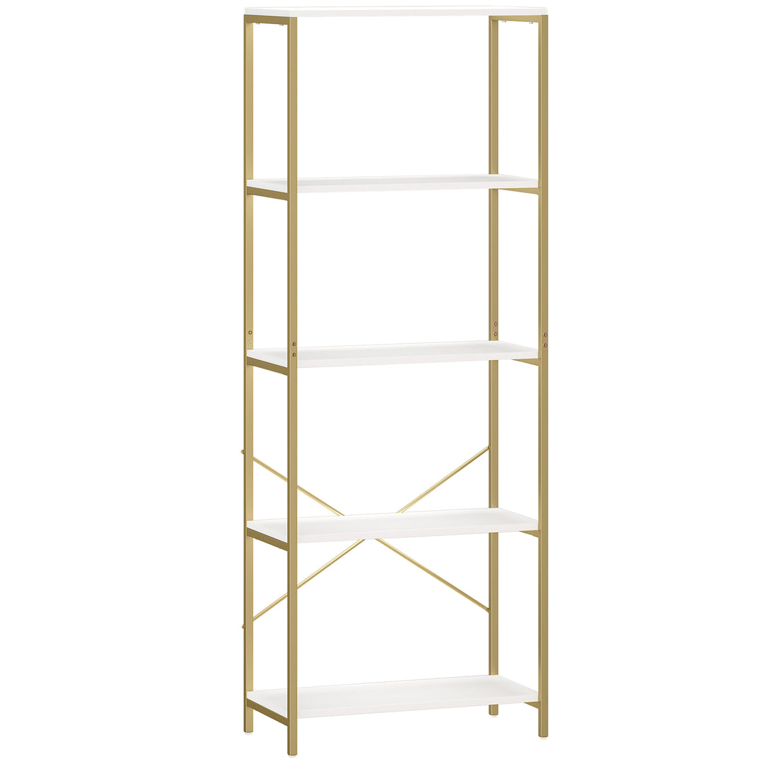 5-Tier Bookshelf, Modern Bookcase with Metal Frame - White and Gold To