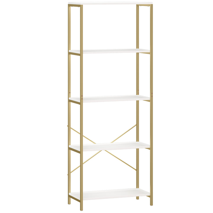 5-Tier Bookshelf, Modern Bookcase with Metal Frame - White and Gold To