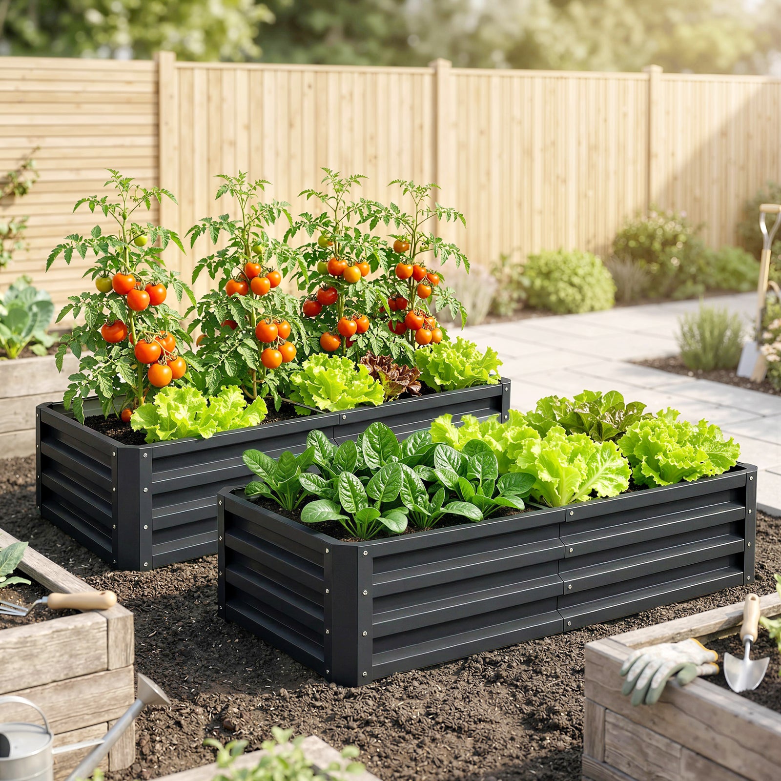 Set of 2 Raised Beds for Garden, Galvanised Outdoor Planters for Herbs