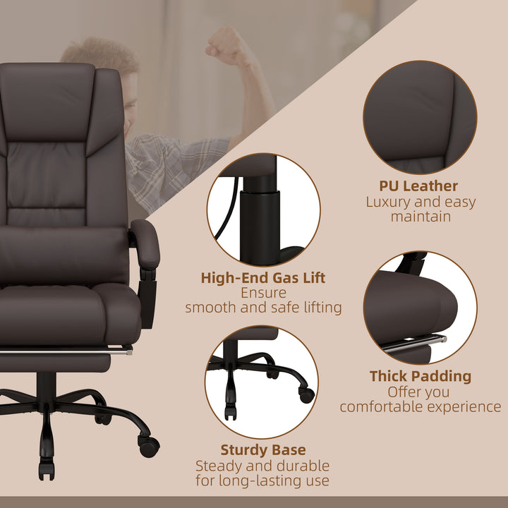 6-Point Massage Office Chair, PU Leather Desk Chair with Adjustable Height and Footrest for Home Office, Brown