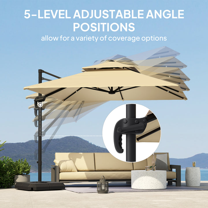 2.7 x 2.7(m) Cantilever Parasol with Aluminium Frame, Crank and Tilt, 360-Degree Rotation, Double Top Garden Umbrella with Base and Cover, Khaki
