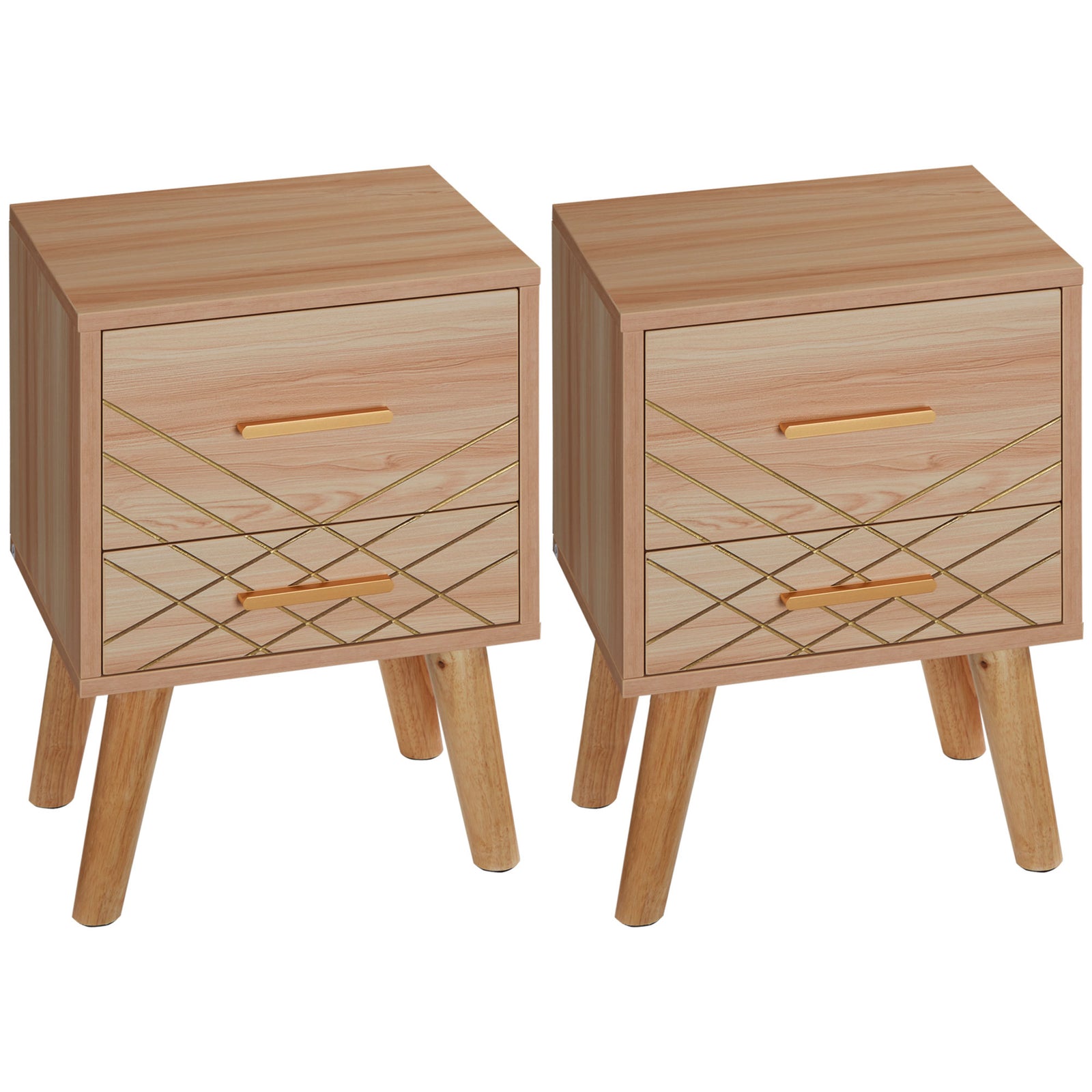 2-Piece Scandinavian Bedside Tables with Drawers, Bedside Cabinets with Wood Legs, Natural