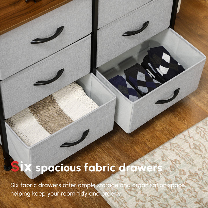 Fabric Chest of Drawers, Storage Drawers, Industrial Bedroom Dresser with 6 Fabric Drawers, Steel Frame and Wooden Top for Nursery, Living Room, Hallway, Grey