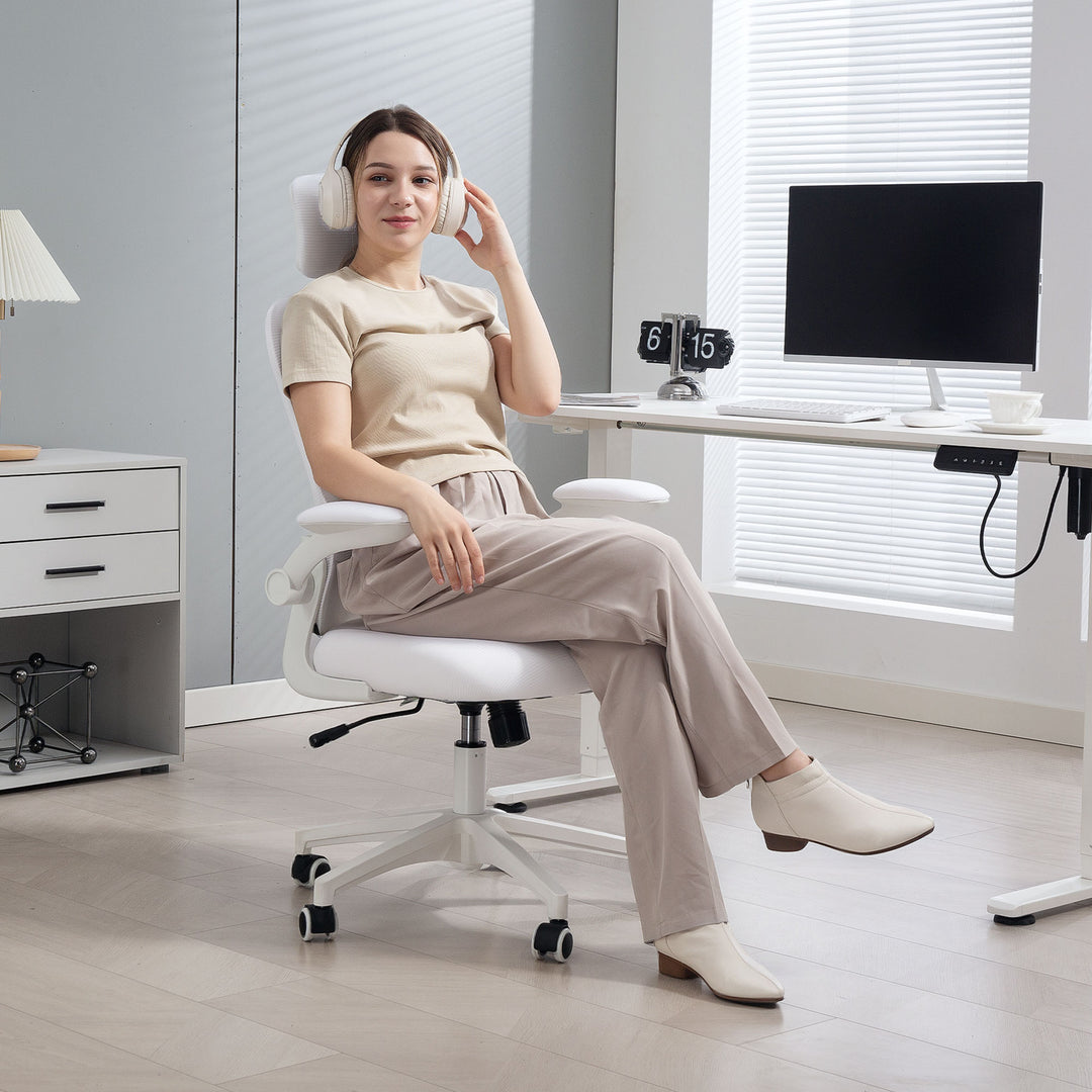 Multi-Adjustable Office Chair, with Lumbar Support, Headrest and Mesh Back - White