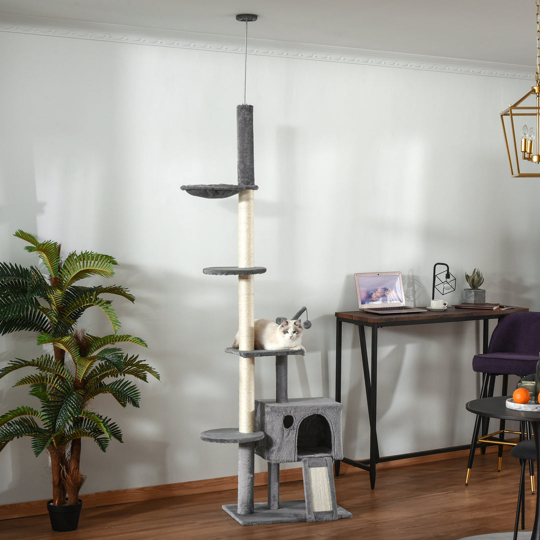 PawHut Cat Tower, 280cm Huge Activity Center Floor-to-Ceiling with Scratching Post, Hammock, Hanging Ball, Light Grey | Aosom UK