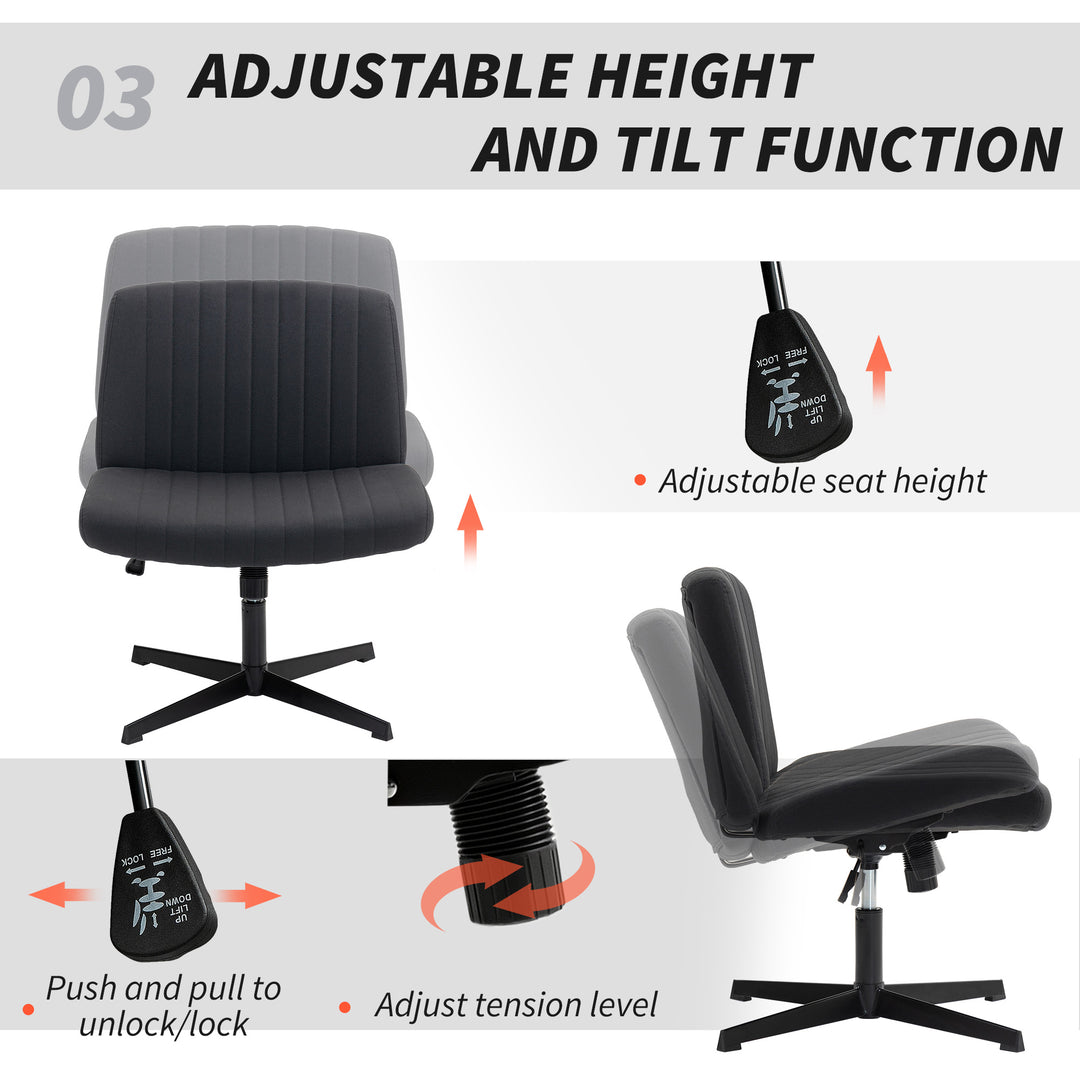 Armless Office Chair No Wheels, Linen Fabric Criss Cross Legged Desk Chair with Wide Seat, Thick Padding, Tilt Function, Height Adjustable Swivel Computer Seat for Home, Black