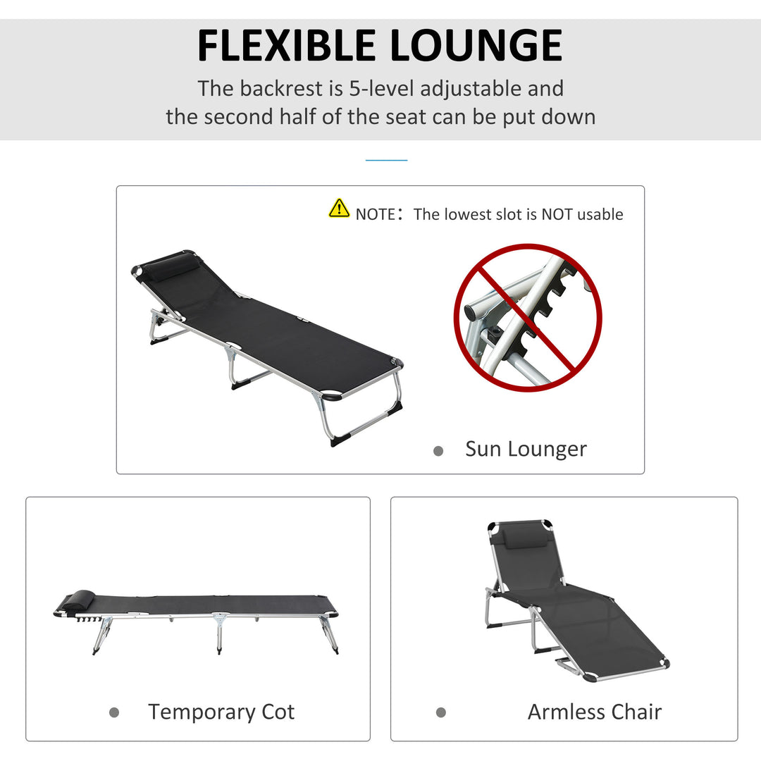 Foldable Outdoor Sun Lounger, Reclining Lounge Chair Camping Bed Cot with Pillow 4-Level Adjustable Back Aluminium Frame, Black