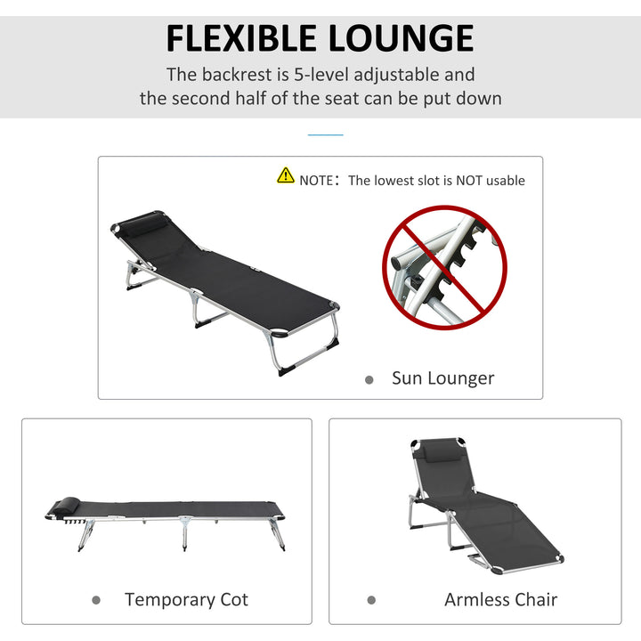 Foldable Outdoor Sun Lounger, Reclining Lounge Chair Camping Bed Cot with Pillow 4-Level Adjustable Back Aluminium Frame, Black