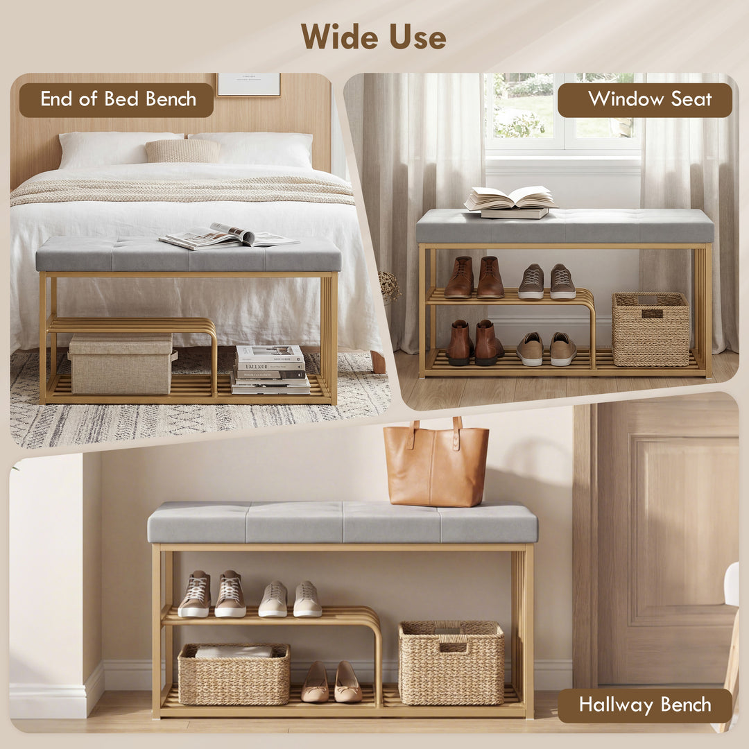 Bench and Shoe Storage, Tufted Shoe Storage Bench with Velvet Seat Cus