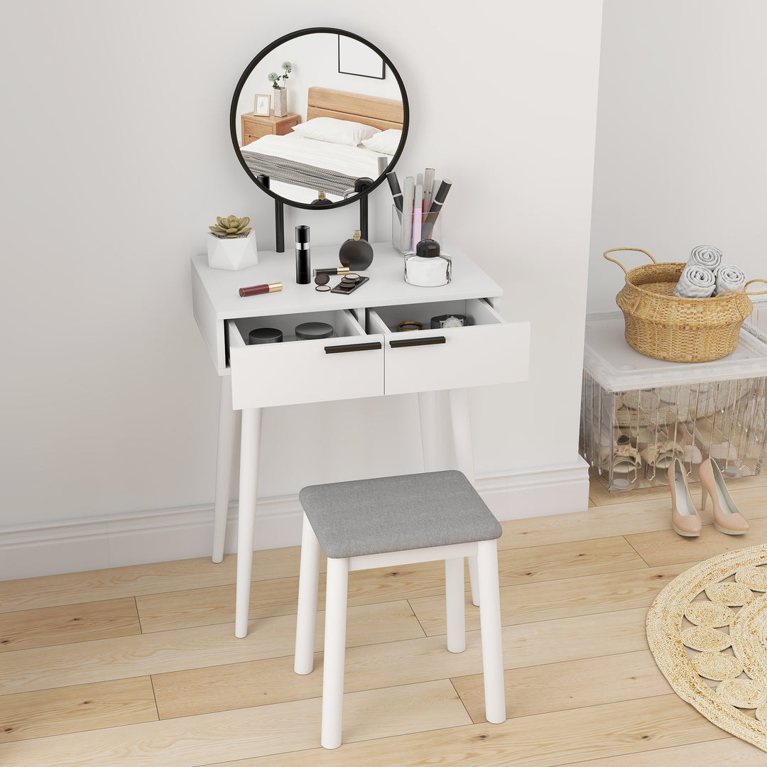 Dressing Table with Mirror and Stool, Vanity Makeup Desk Set with 2 Drawers, Cushioned Stool and Make-up Organiser for Bedroom and Dressing Room, 60 x 40 x 123 cm, White