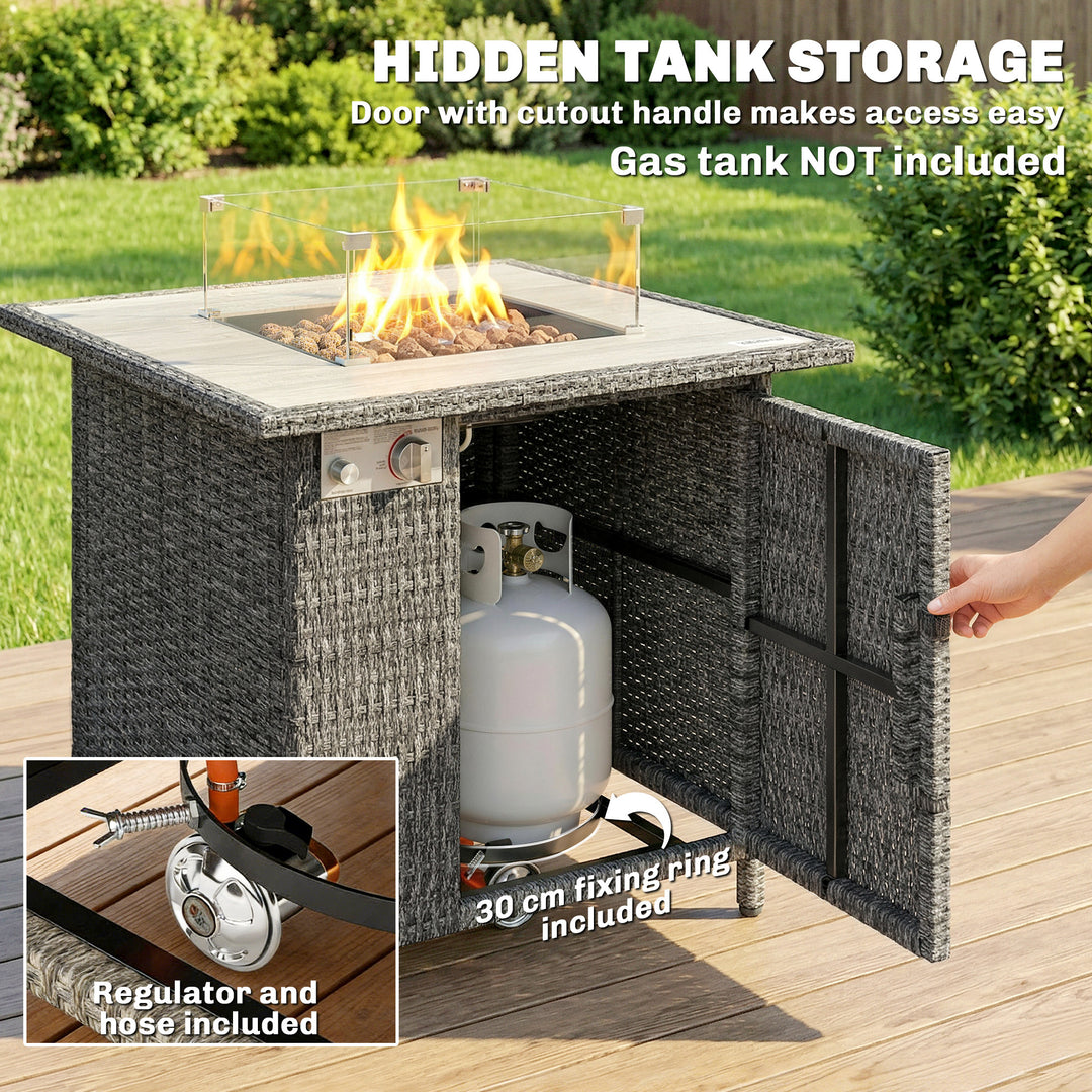 14.5 KW Rattan Gas Fire Pit Dining Table with Rain Cover, Wind Guard, 