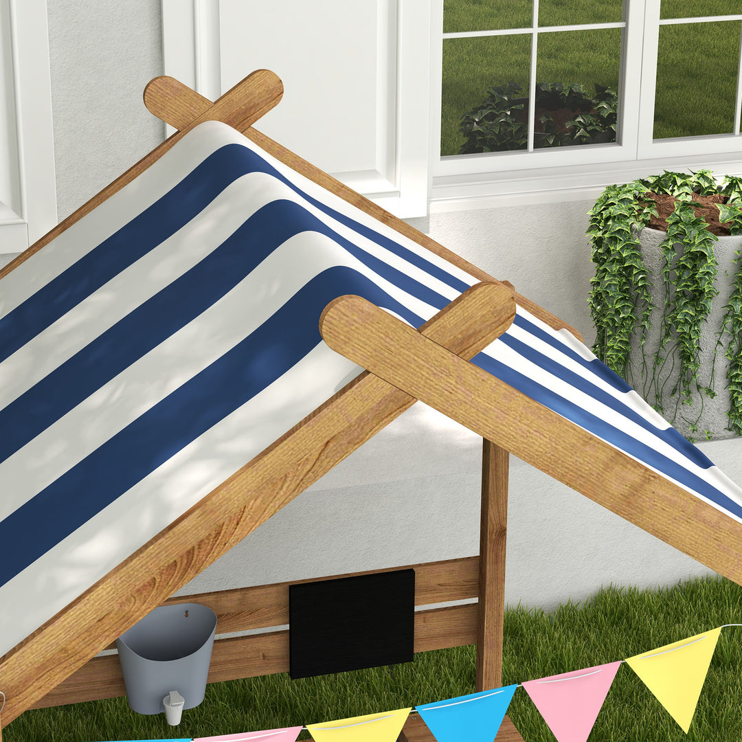 House-Designed Wooden Sandbox, Outdoor Sandpit, with Blackboard, Toys, Sink, Seats, Flags, for Ages 3-7 Years - Brown