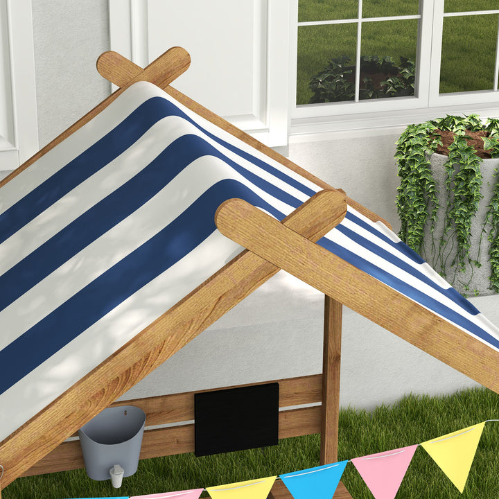 House-Designed Wooden Sandbox, Outdoor Sandpit, with Blackboard, Toys, Sink, Seats, Flags, for Ages 3-7 Years - Brown