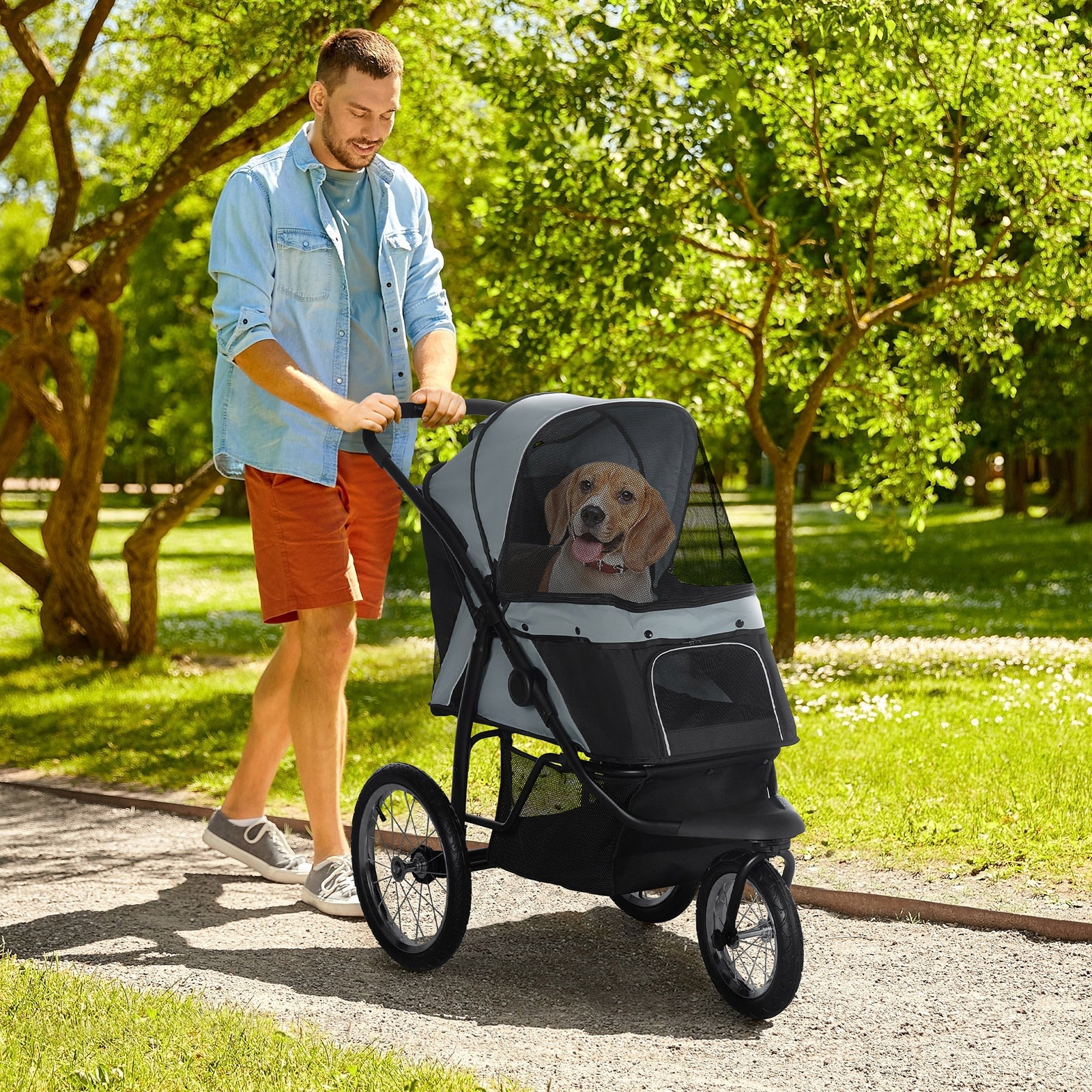 Foldable Pet stroller, Dog Buggy with Three Wheels, for Small/Medium Dogs, Grey
