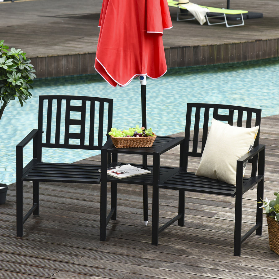 2 Seat Garden Chair Bench Loveseats Jack and Jill Seat w/Coffee Table Slatted Design Patio Yard