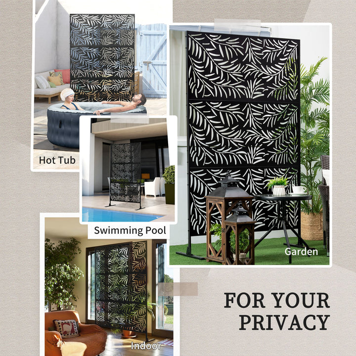 Decorative Privacy Screen with Stand, 6.5FT Freestanding Metal Outdoor Divider, Decorative Privacy Panel with Expansion Screws for Garden Patio Pool Hot Tub, Willow Branch Style, Black