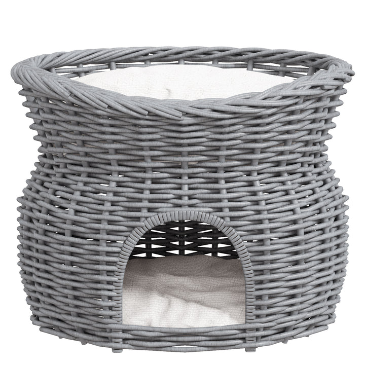 MCL 2-Tier Wicker Cat House Elevated Pet Bed Basket Willow Kitten Tower Pet Den. with Washable Cushions 56x37x40cm Grey
