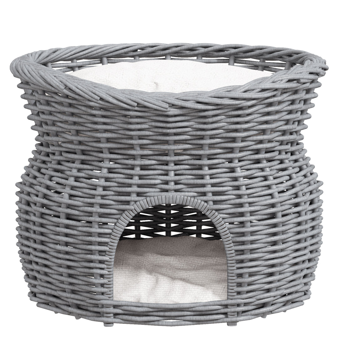 2-Tier Wicker Cat House Elevated Pet Bed Basket Willow Kitten Tower Pet Den. with Washable Cushions 56x37x40cm Grey