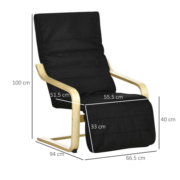 Wooden Armchair, Upholstered Linen Lounge Chair with Adjustable Footrest & Removable Cushion, Poang Chair for Living Room, Black